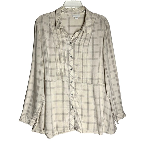 J Jill Womens Plaid Tunic Top Size Petite Large Tan Button Down Pleated Shirt - Picture 1 of 8
